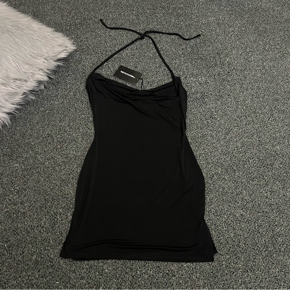 PRETTYLITTLETHING Black Slinky Halter-neck Cowl Neck Bodycon Mini Dress size 8 - Picture 13 of 16